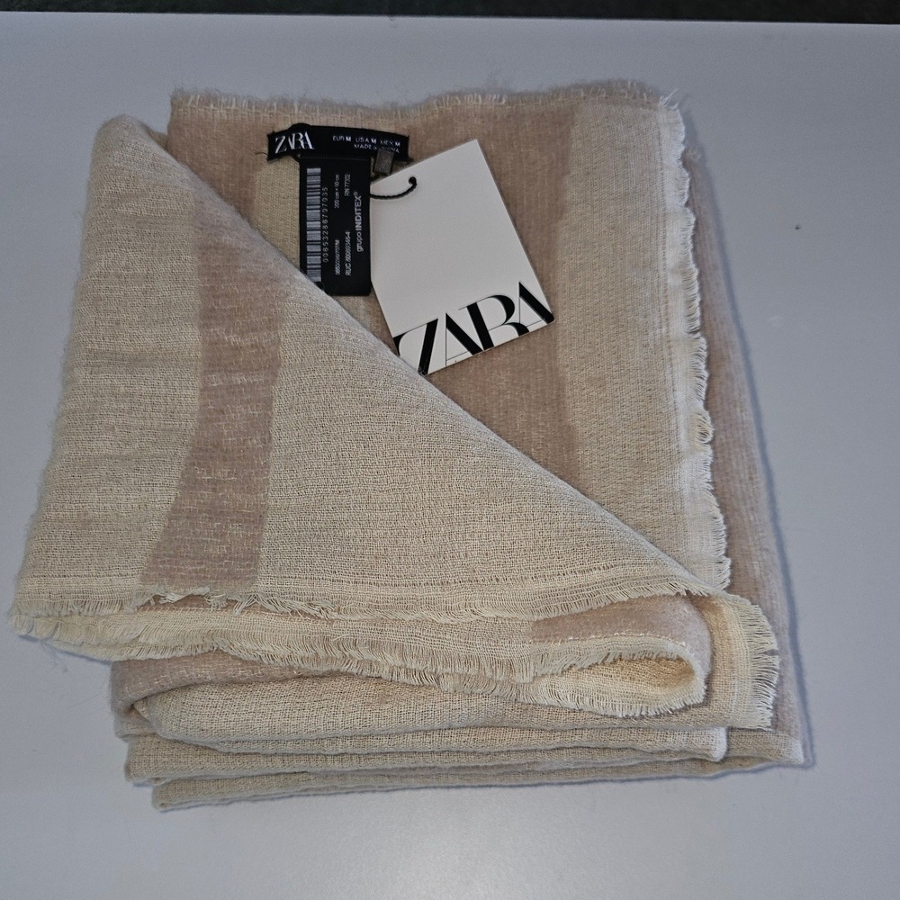 ZARA Geometric Pattern Scarf Wrap Shawl Beige Brown Neutral Oversized - Picture 5 of 7